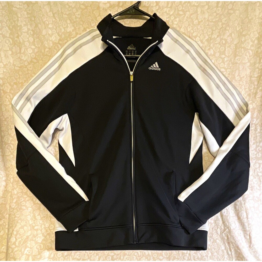 adidas Women's Track Jacket XL Black/White Full Zip Pockets Striped Logo